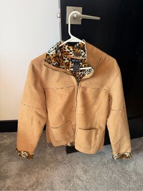 E Studio Tan Faux Suede Jacket with Leopard-Print Lining